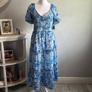 [Sincerely Jules] Blue/White Floral Midi Dress - Size Medium NWT